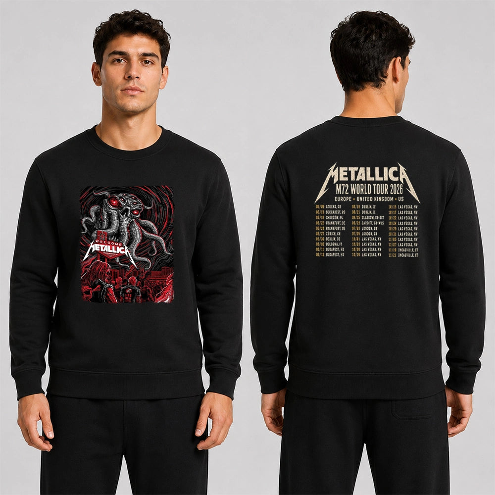 Front and back view of a Metallica Sphere Las Vegas October 1 2026 2 Side T-Shirt featuring Welcome Tentacle Skull artwork on the front and an M72 World Tour 2026 date list on the back.